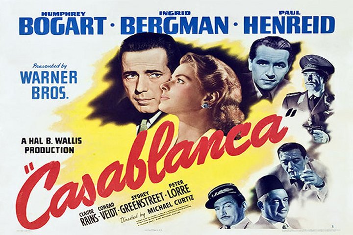 An original movie poster of Casablanca with Humphrey Bogart and Ingrid Bergman