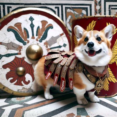 Corgi dressed as a Roman soldier in front of two shields