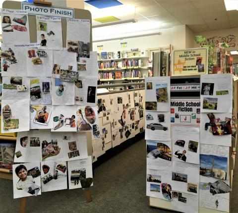 Bulletin board and walls covered with contest entries