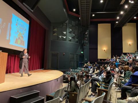 Author Donna Barba Higuera presents to the middle school students
