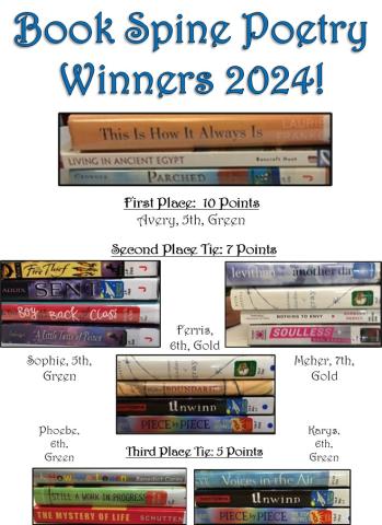 Winners of the Book Spine Poetry contest; books stacked to show their titles making a poem