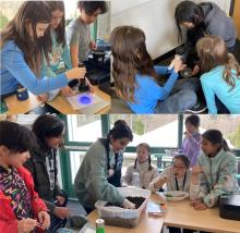 Students using a blacklight, melting ice, and digging in mud