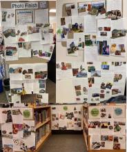 Displays of photo collages and handwritten student stories