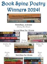 Winners of the Book Spine Poetry contest; books stacked to show their titles making a poem