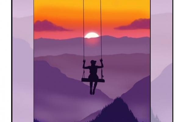 Digital illustration of a person on a swing facing sunset over the mountains